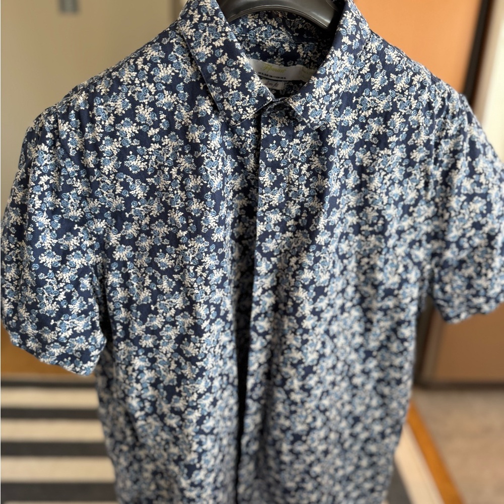 Topman Navy and White Floral Button Down Shirt